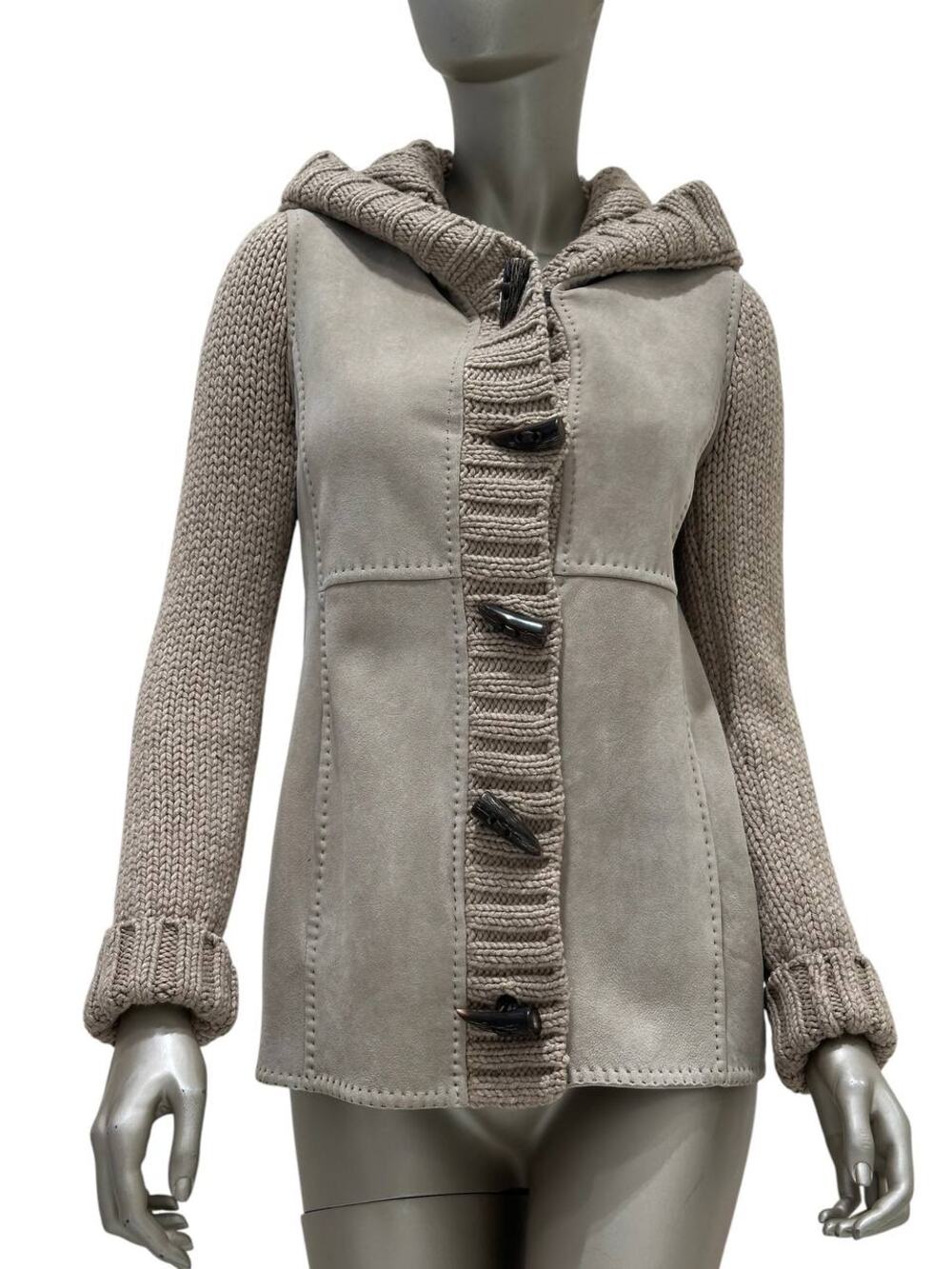 Loro Piana Shearling Cashmere Knit Hooded Jacket Cardigan- 38